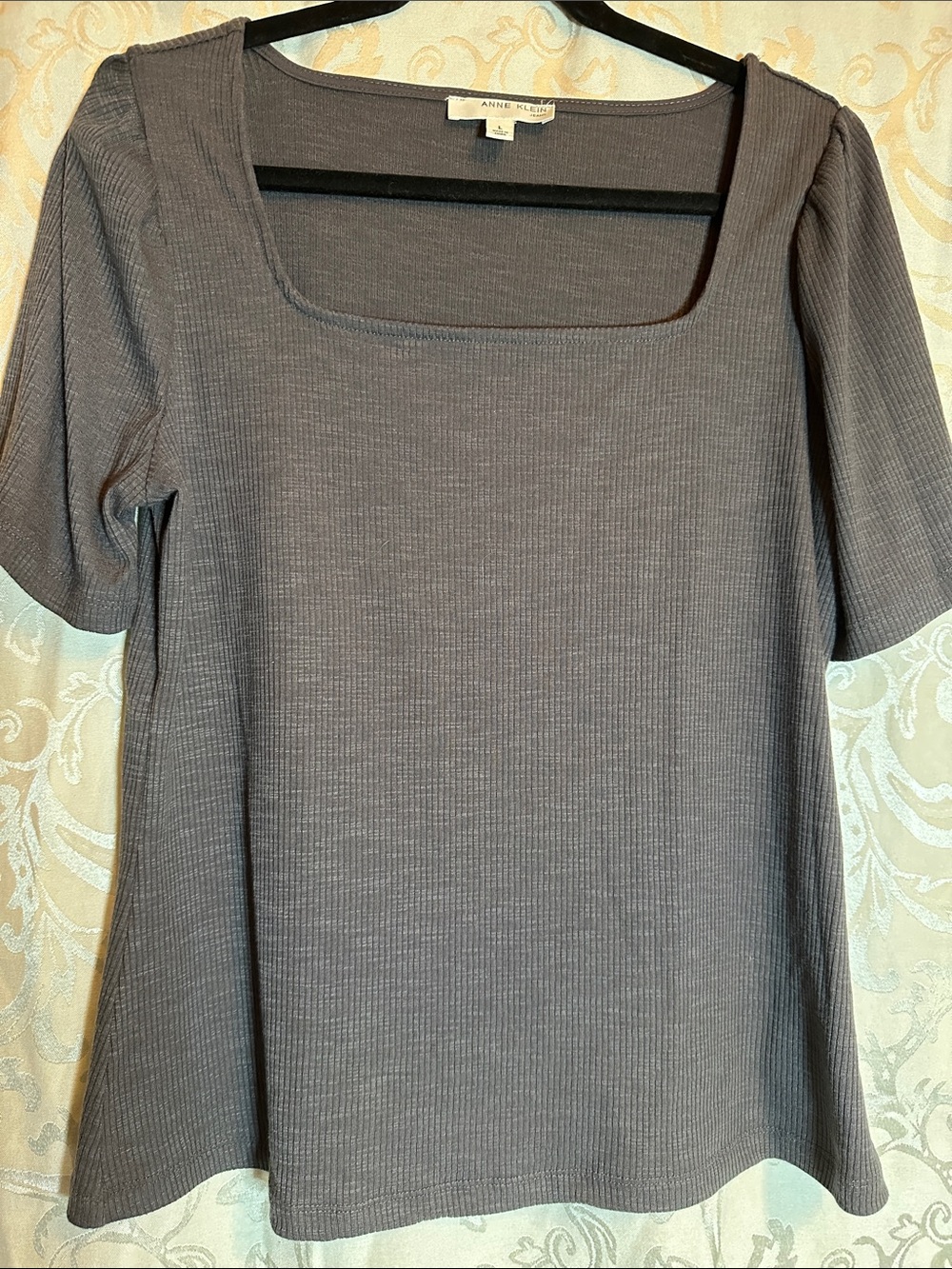 Anne Klein Charcoal Ribbed Square-Neck Short Sleeve Top Quiet Luxury